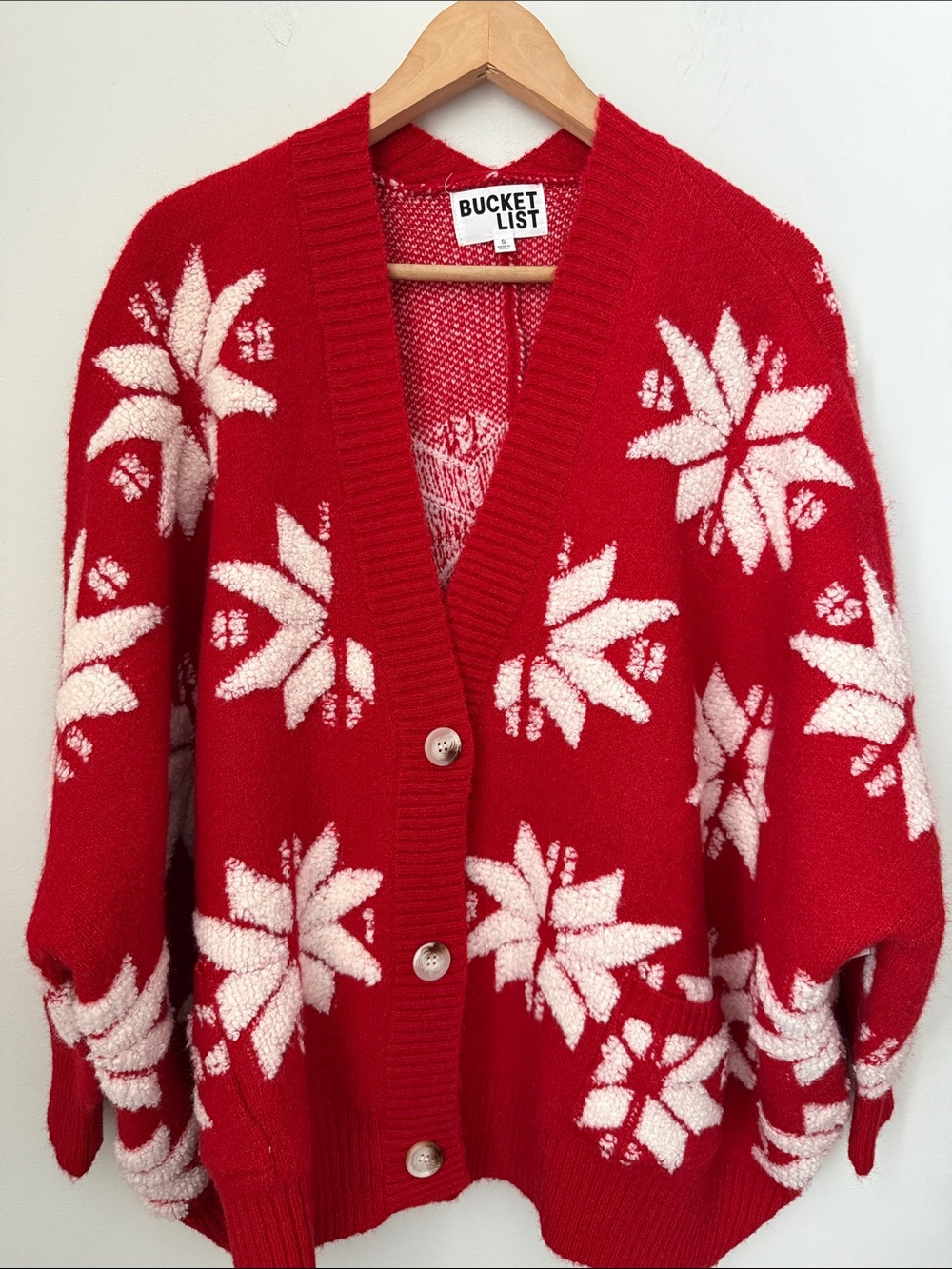 BUCKETLIST Red & White Floral V-Neck Oversized Cardigan